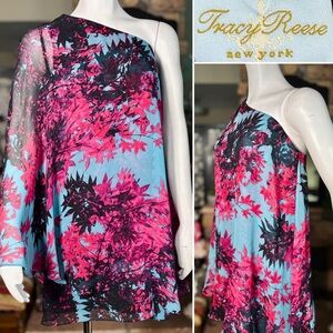Tracy Reese Silk Blue & Pink Foliage One Shoulder Chiffon Overlay Dress Sz S